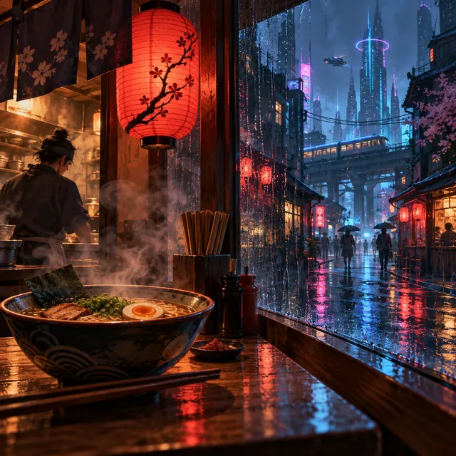 Original illustration of a noodle bar glowing on a rainy city street