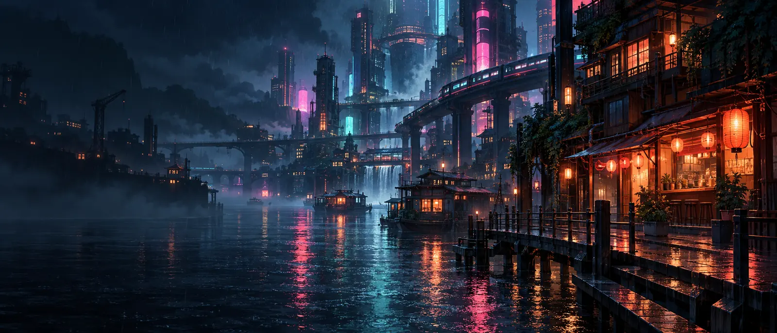 Original atmospheric illustration of a neon city across rainy canals at night